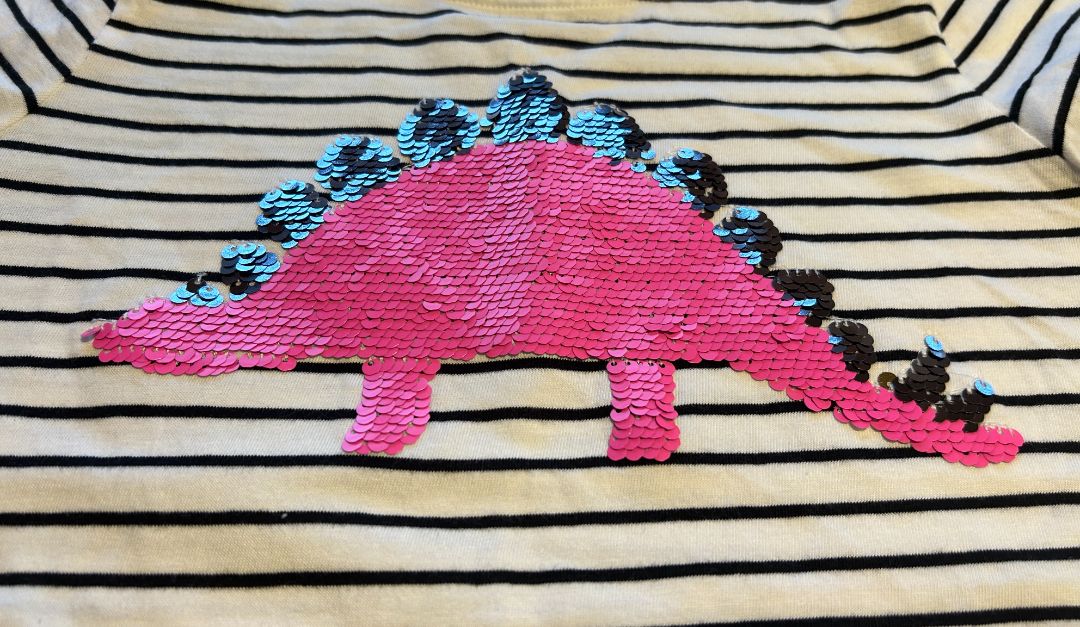 Black and White Striped, Girls rumi+ryder Sequin Dinosaur Shirt, M 8-10