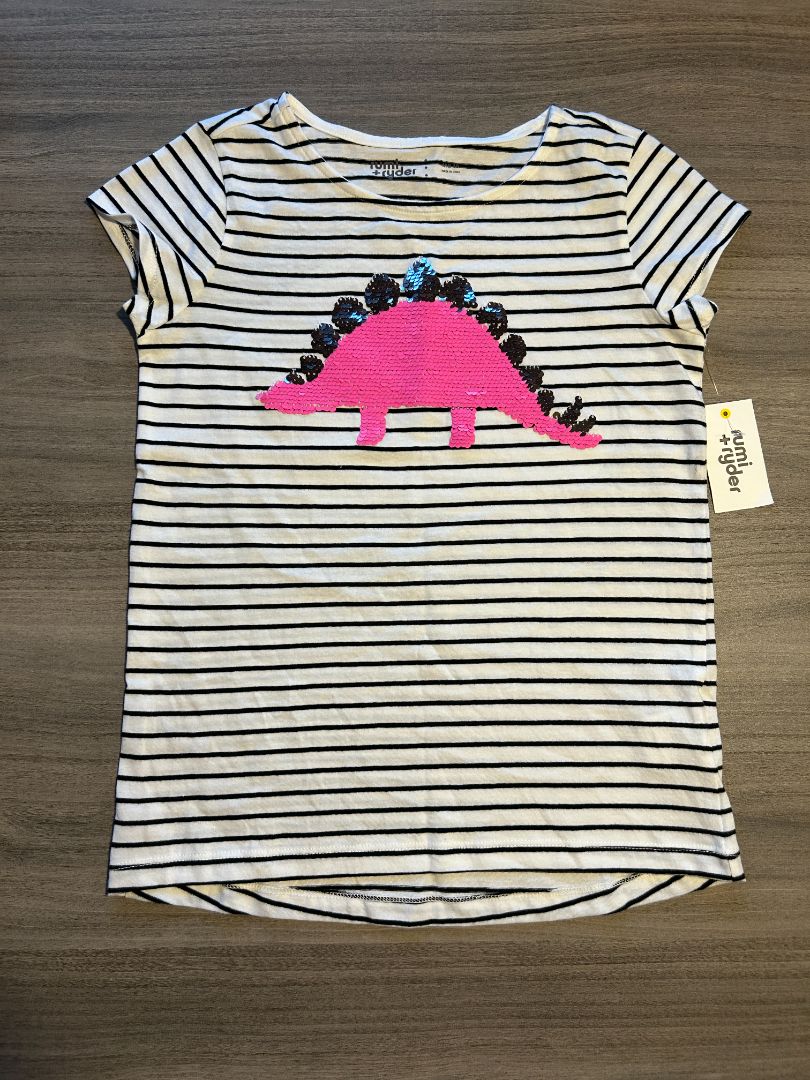 Black and White Striped, Girls rumi+ryder Sequin Dinosaur Shirt, M 8-10