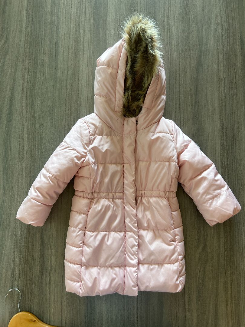 Girls Pink Puffer Jacket with Fur-Lined Hood - Size 3