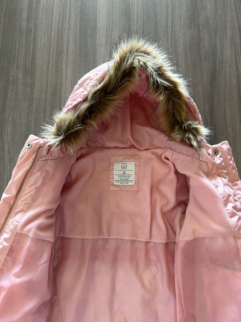 Girls Pink Puffer Jacket with Fur-Lined Hood - Size 3