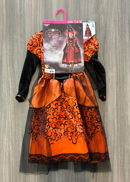 Enchanting Girls Halloween Witch Costume with Dress and Hat – Girls Size 4-6, Orange and Black